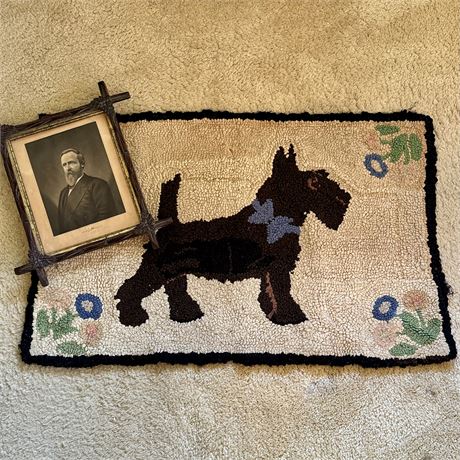 Antique Scottie Dog Rug and Carved Wood Picture Frame