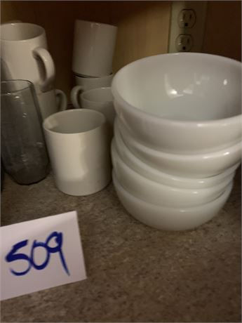 White Milk Glass Bowls - Mugs - Smoky Blue Drinking Glasses/Tumbler Lot