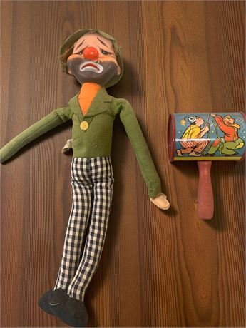 1967 KAMAR Made in Japan Hobo Sad Clown Doll & Cohn Tin Toy Litho Noisemaker