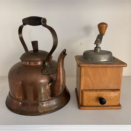 Primitive Coffee Grinder and Wood Handled Tea Kettle
