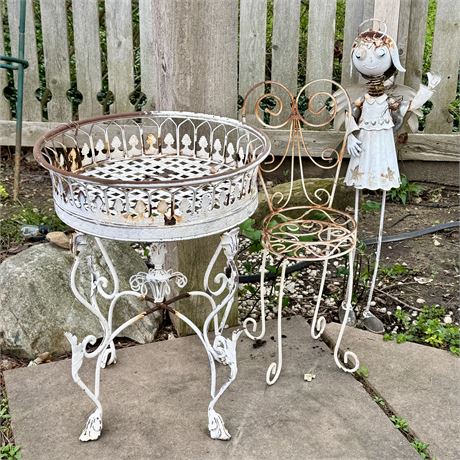 Outdoor Distressed Iron Planters Bundle - Largest is 18”D x 24”H