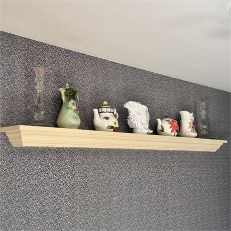 Long Cream Colored Wood Floating Shelf with Contents - Approx. 70"L x 5.5"D