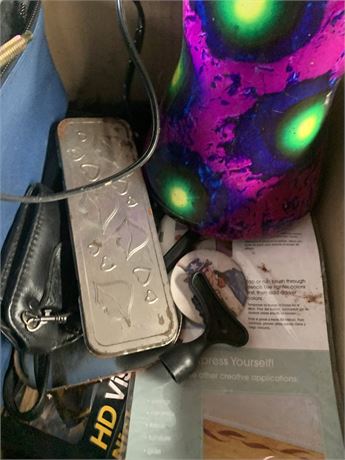 1990s Plastic Lava-Style Lamp, Stencils, Glue Gun, Change Purses & More