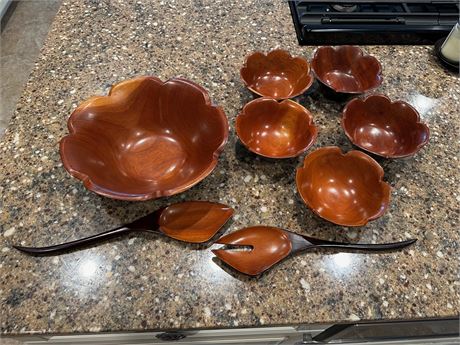 Wood Salad Serving Bowl and Salad Bowls, Tongs