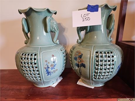 Matching Jade Green Elephant Handled Vases