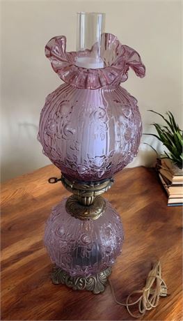 Vintage Fenton Lavender/Pink Rose Ruffled Glass Hurricane/Parlor Lamp