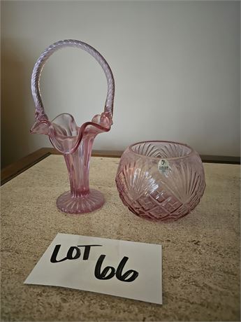 Pink Fenton Rosebowl & Applied Handle Basket