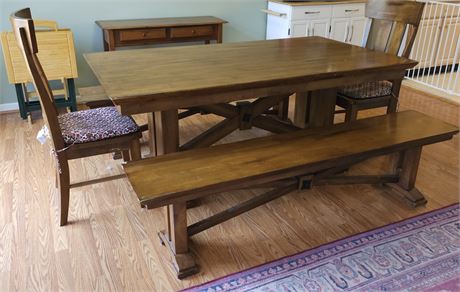 Farmhouse Trestle Table w/2 Benches and 2 Chairs