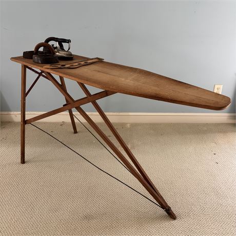 Antique Ironing Board, Sad Irons & Sock Stretchers