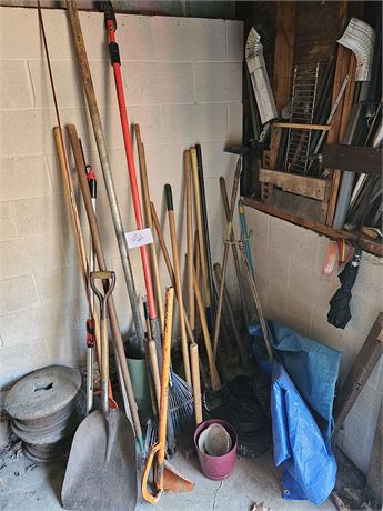 Mixed Outdoor Yard Tools:Rake/Shovels/Hoes/Axes/Tarps & More