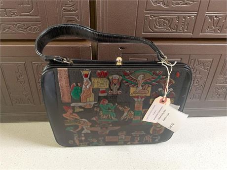 Vintage Black Handbag W/Handle & Embossed  Multi-Colored  Egyptian Motif