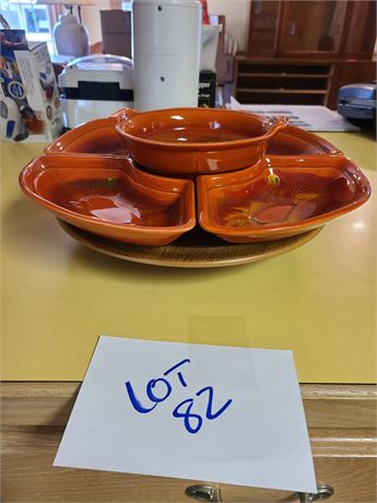 California Pottery Orange Drip Glaze Relish Server on Lazy Susan