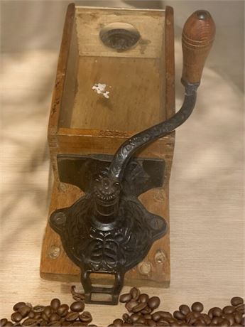 Antique Wall Mount Wood & Metal Hand Crank Coffee Bean Grinder