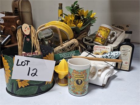 Mixed Yellow Theme Decor Lot- Mugs, Planter, Baskets, Linens, Faux Floral & More