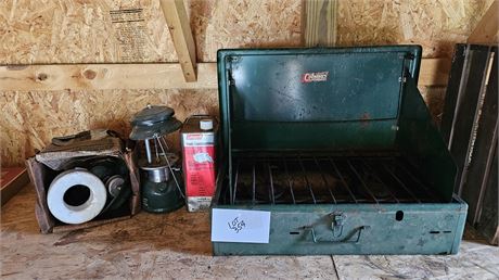 COLEMAN OUTDOOR PROPANE STOVE AND COLEMAN LANTERNS