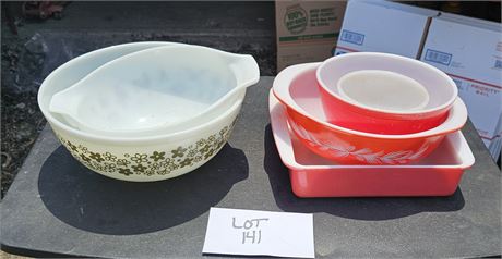 Mixed Pyrex Lot- Flamingo Pink Square Pan, Holiday Pinecone Casserole, Spring Bl