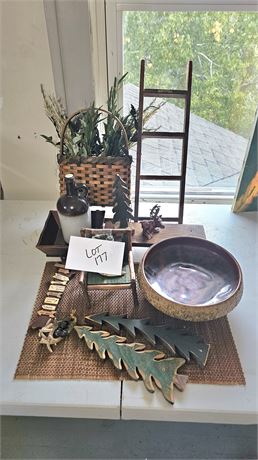 Mixed Decor Lot, Wood Trees, Faux Greenery, Sand Clay MCM Footed Bowl & More