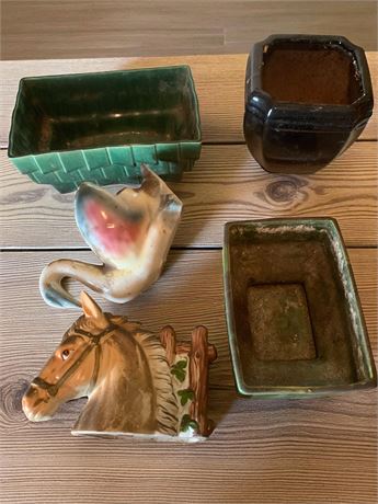 Vintage Green Glazed Ceramic Planters, Swan, Horse Head Pillar Planters