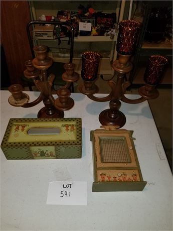 Homco Wood Candle Holders & Tissue Box Cover