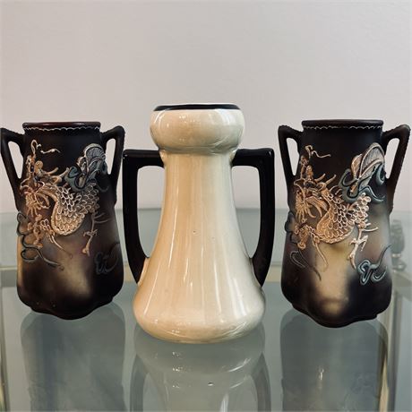 Vintage Hand-Painted Japanese Moriage Dragon Vases and Coordinated Czech Vase