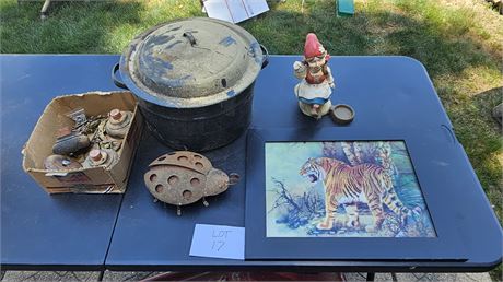 Mixed Misc Lot: Dresser Pulls, Metal Lady Bug, Enamel Pot & More