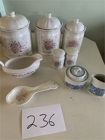 Vintage Porcelain Pink Floral Kitchen Canister Set, Gravy Boat, Spoon Rest