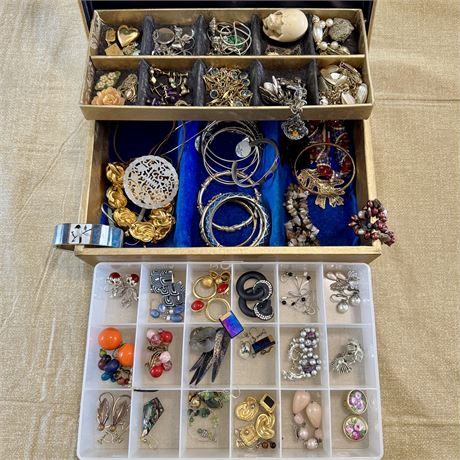 Jewelry Box & Storage w/ Signed, GF, Sterling & Vintage Costume Jewelry