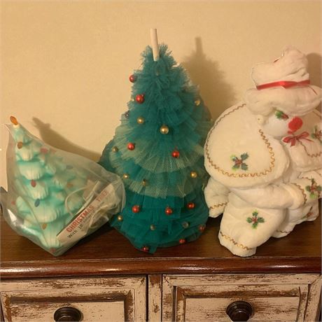 Vintage Blow Mold Christmas Tree, DIY Tulle Christmas Tree. Plush Snowman Decor