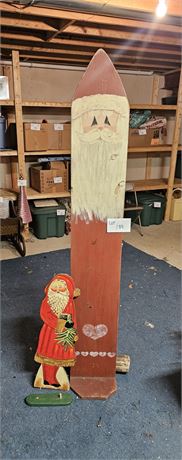 Hand Painted Plank Wood Santa 74"H & 31" Santa (Base Needs Repair)