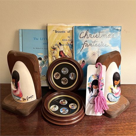 Vintage DeGrazia Lot–Bookends, Mini Art Prints, Bookmark & Children’s Books