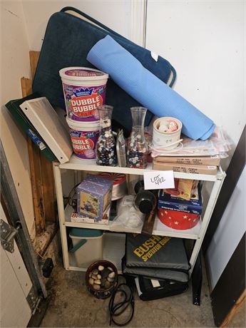 Metal Shelf With Misc Crafts & Garden Items