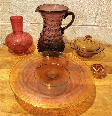 Assorted Glass: Cake Stand, Pitcher, Etc