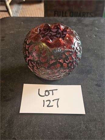 Vintage Blown Glass Vase With Metal Overlay