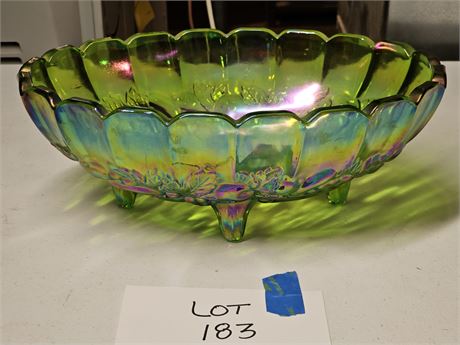 Indiana Glass Footed Carnival Green Amethyst Grape & Vine Fruit Bowl