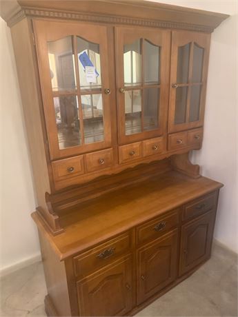 Vintage Wood Two Piece China Hutch Cabinet