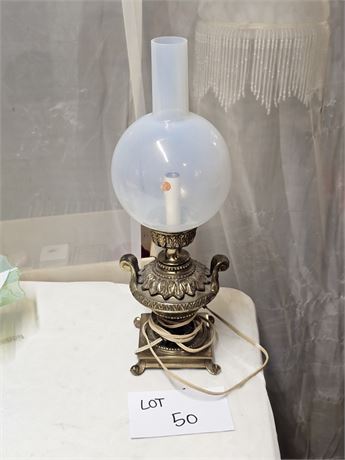 Antique Brass Table Lamp With Glass Iridescent Ball Chimney Shade