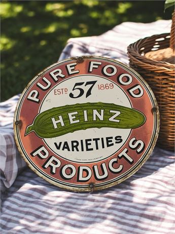 Metal Heinz 57 Varieties Pure Foods ESTd 1869 Reed and White With A Pickle