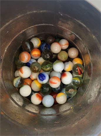 Vintage Glass Marbles In Metal Storage Can