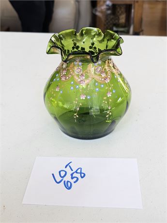 Antique Hand Painted Green Victorian Glass Vase