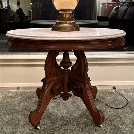 Eastlake Victorian Oval Marble Top Parlor Table & Large Brass Lamp