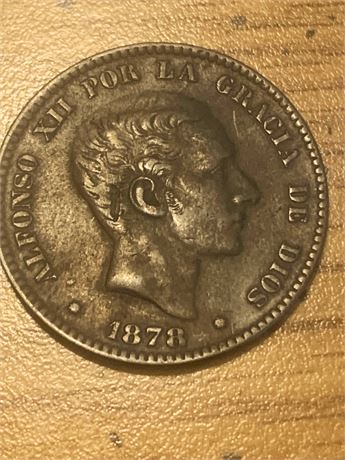 1878 Spain 10 Centimos Coin W/King Alfonso XII