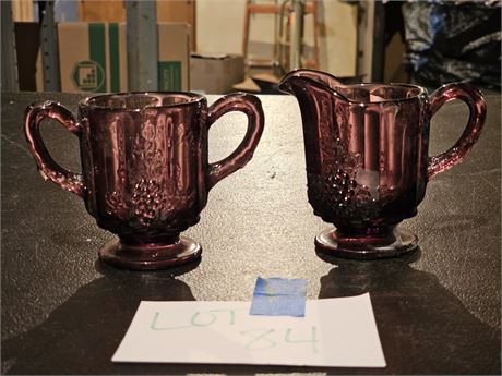 Vintage Amethyst Glass Grape & Leaf Sugar & Creamer