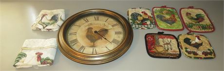 Rooster Clock, Oven Mitts, Towels