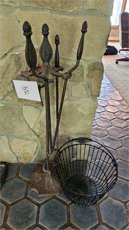 Antique Fireplace Heavy Metal Tool Set: Tongs, Poker & Metal Basket