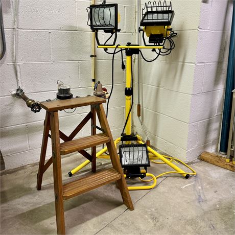 Halogen Work Lights and Wooden Step Stool