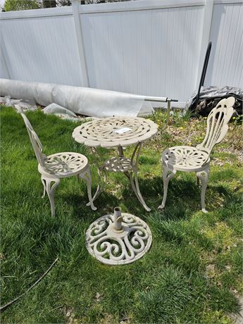 Metal Outdoor Table & Chairs + Umbrella Stand