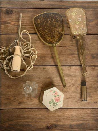 Lanvin Arpege Lipstick Tube, Hand Mirror, Hair Brush, Glass Perfume Bottle