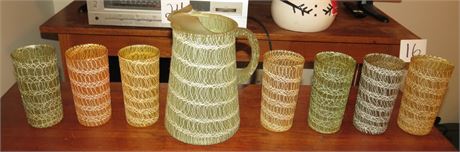 Vintage MCM Spaghetti String Pitcher & Glasses
