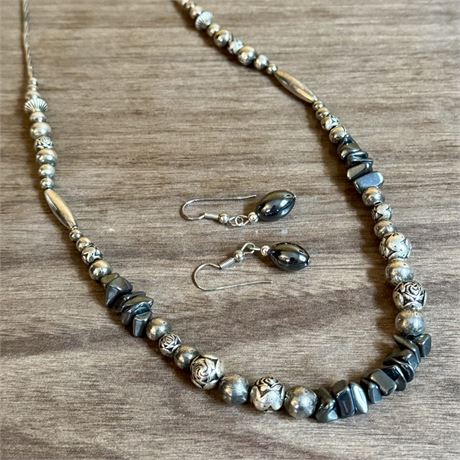 Vintage Sterling Silver 925 Beaded Necklace w/ Coordinated Earrings Set - 31.08g