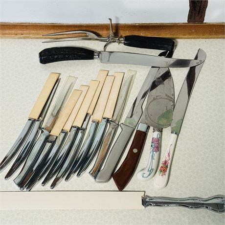 Various Cutlery - Steak Knives, Stag Handle Carving Set and More
